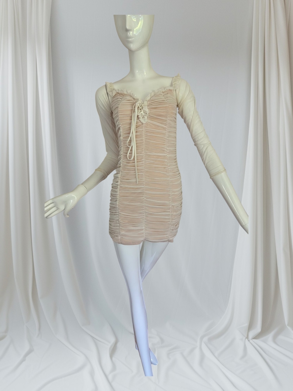 Fashion Nova Beige Ruched Tie-Front Long-Sleeve Mini Dress
